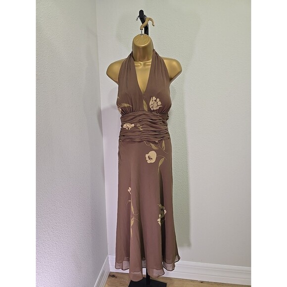 Anne Klein Babydoll Silk Y2K Dress Floral Womens 14 Taupe Floral Halter Chiffon - Picture 8 of 8